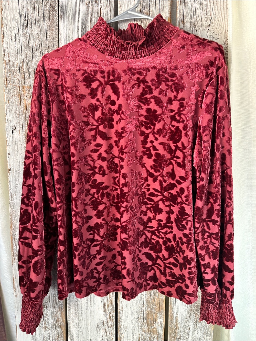 Maurices Red Velvet Burnout Smocked Mock Neck Long Sleeve Top